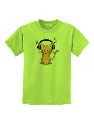 Cute Kitty With Headphones Childrens T-Shirt-Childrens T-Shirt-TooLoud-Lime-Green-X-Small-Davson Sales