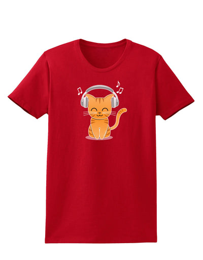 Cute Kitty With Headphones Womens Dark T-Shirt-TooLoud-Red-X-Small-Davson Sales