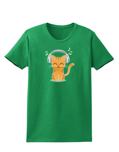 Cute Kitty With Headphones Womens Dark T-Shirt-TooLoud-Kelly-Green-X-Small-Davson Sales