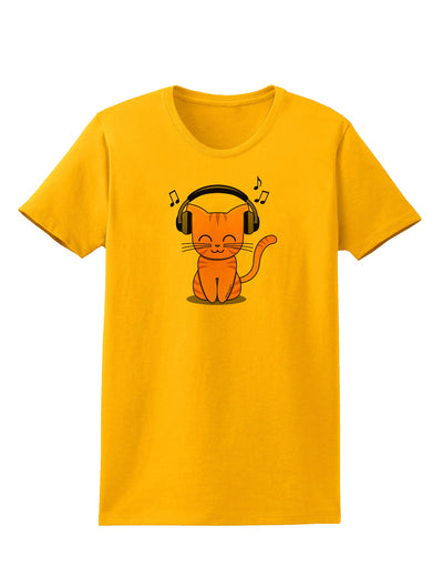 Cute Kitty With Headphones Womens T-Shirt-Womens T-Shirt-TooLoud-Gold-X-Small-Davson Sales