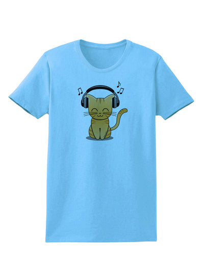 Cute Kitty With Headphones Womens T-Shirt-Womens T-Shirt-TooLoud-Aquatic-Blue-X-Small-Davson Sales