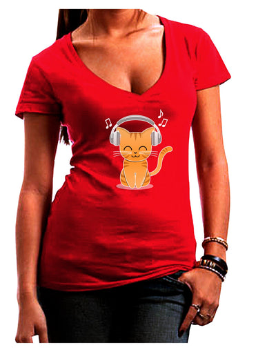 Cute Kitty With Headphones Womens V-Neck Dark T-Shirt-Womens V-Neck T-Shirts-TooLoud-Red-Juniors Fitted Small-Davson Sales