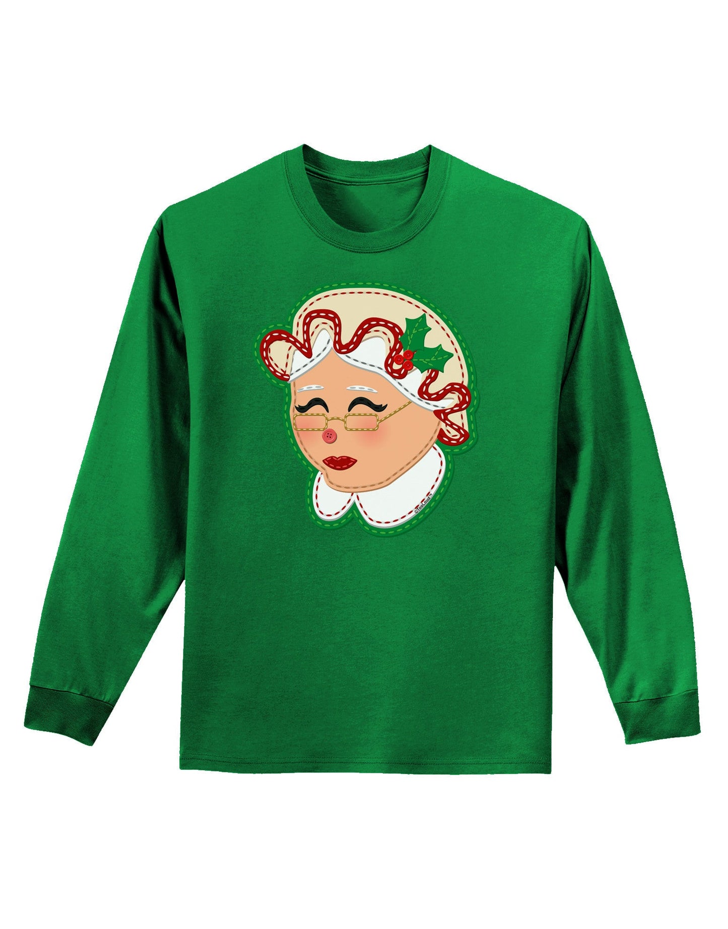 Cute Mrs Claus Face Faux Applique Adult Long Sleeve Dark T-Shirt-TooLoud-Kelly-Green-Small-Davson Sales