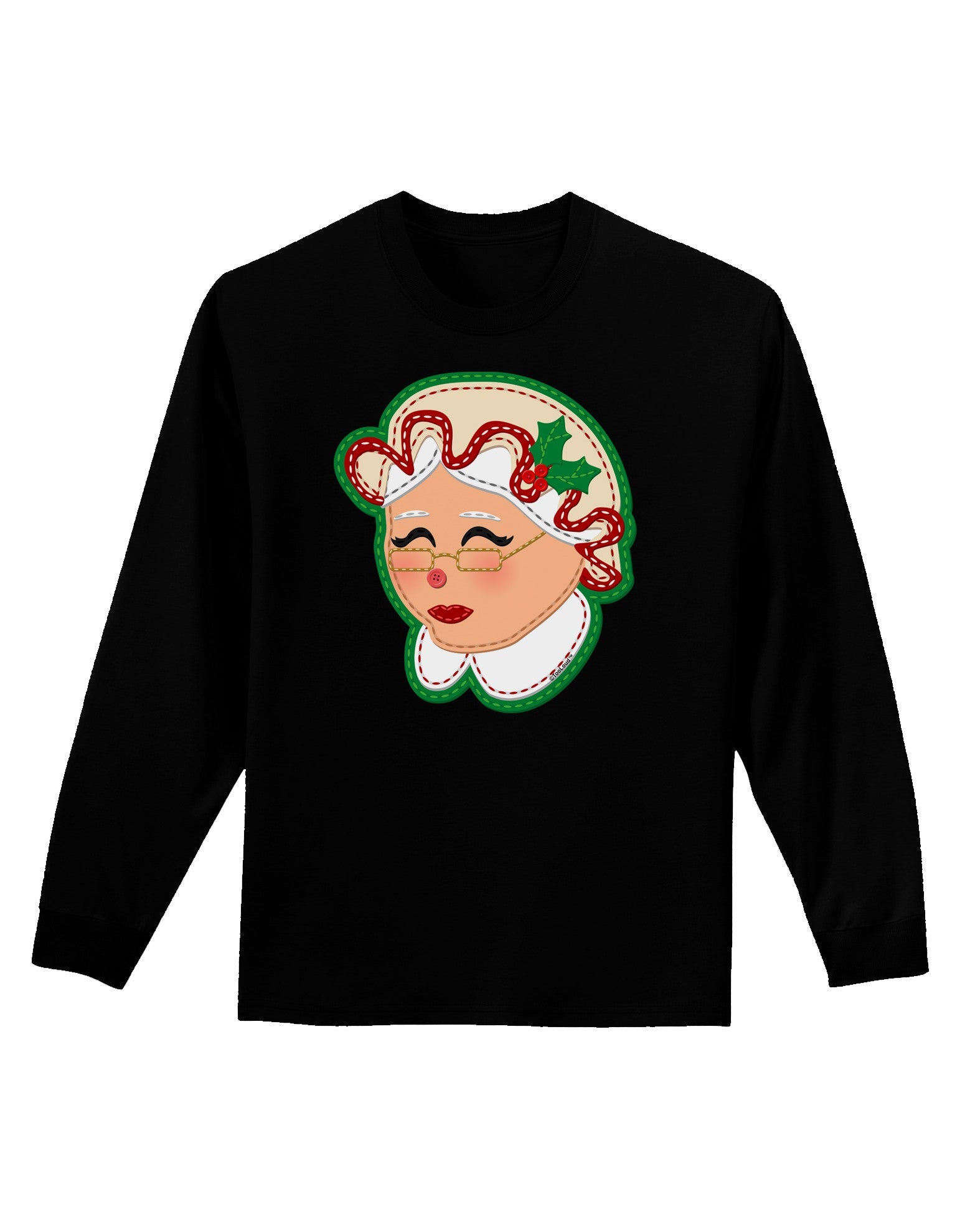 Cute Mrs Claus Face Faux Applique Adult Long Sleeve Dark T-Shirt-TooLoud-Black-Small-Davson Sales