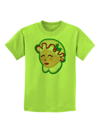 Cute Mrs Claus Face Faux Applique Childrens T-Shirt-Childrens T-Shirt-TooLoud-Lime-Green-X-Small-Davson Sales