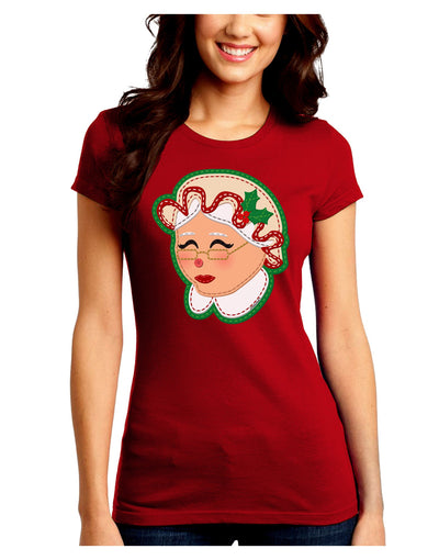 Cute Mrs Claus Face Faux Applique Juniors Crew Dark T-Shirt-T-Shirts Juniors Tops-TooLoud-Red-Juniors Fitted Small-Davson Sales