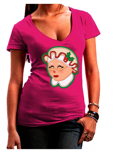 Cute Mrs Claus Face Faux Applique Juniors V-Neck Dark T-Shirt-Womens V-Neck T-Shirts-TooLoud-Hot-Pink-Juniors Fitted Small-Davson Sales