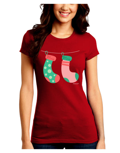 Cute Mrs and Mrs Christmas Couple Stockings Juniors Crew Dark T-Shirt by TooLoud-T-Shirts Juniors Tops-TooLoud-Red-Juniors Fitted Small-Davson Sales