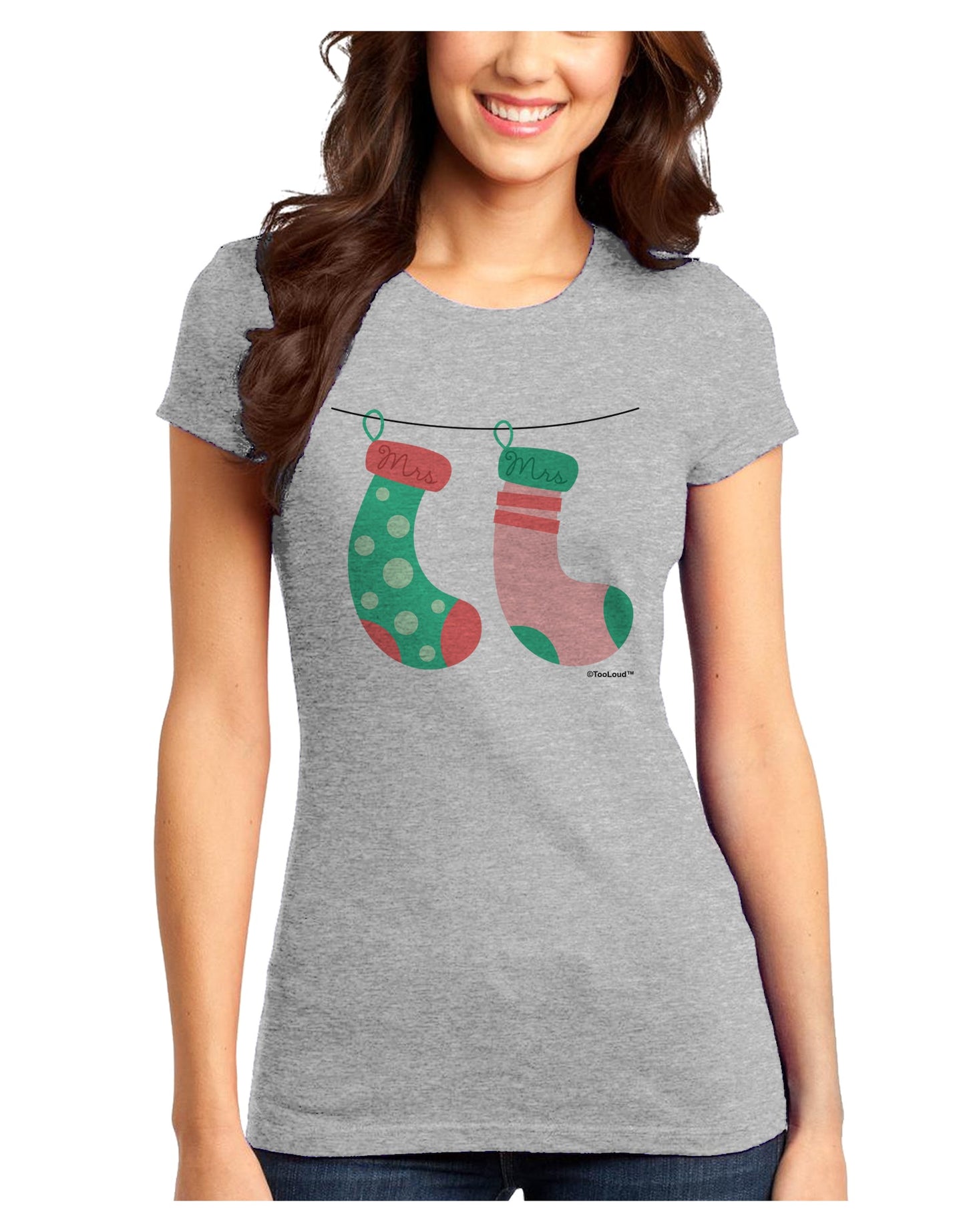 Cute Mrs and Mrs Christmas Couple Stockings Juniors T-Shirt by TooLoud-Womens Juniors T-Shirt-TooLoud-Ash-Gray-Juniors Fitted X-Small-Davson Sales