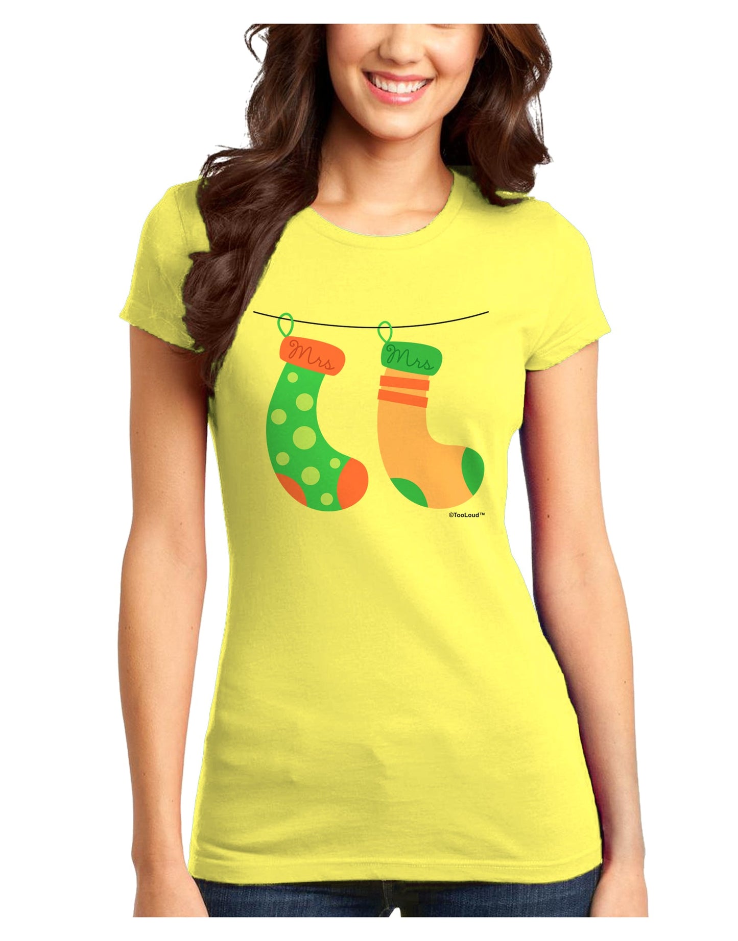 Cute Mrs and Mrs Christmas Couple Stockings Juniors T-Shirt by TooLoud-Womens Juniors T-Shirt-TooLoud-Yellow-Juniors Fitted X-Small-Davson Sales