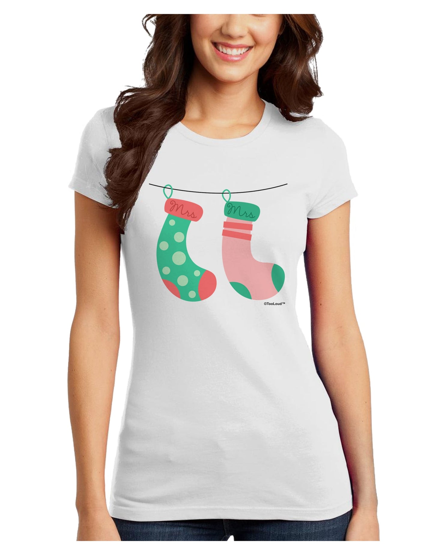 Cute Mrs and Mrs Christmas Couple Stockings Juniors T-Shirt by TooLoud-Womens Juniors T-Shirt-TooLoud-White-Juniors Fitted X-Small-Davson Sales