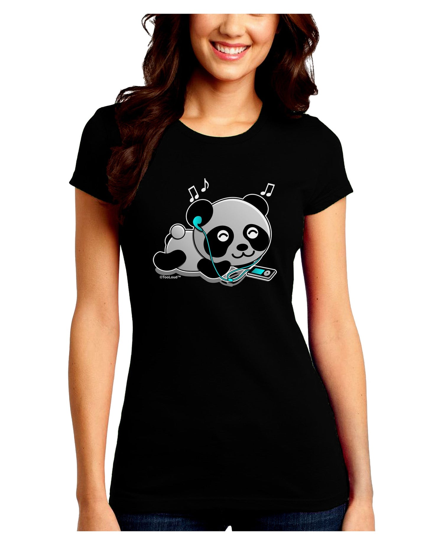 Cute Panda With Ear Buds Juniors Petite Crew Dark T-Shirt-T-Shirts Juniors Tops-TooLoud-Black-Juniors Fitted Small-Davson Sales