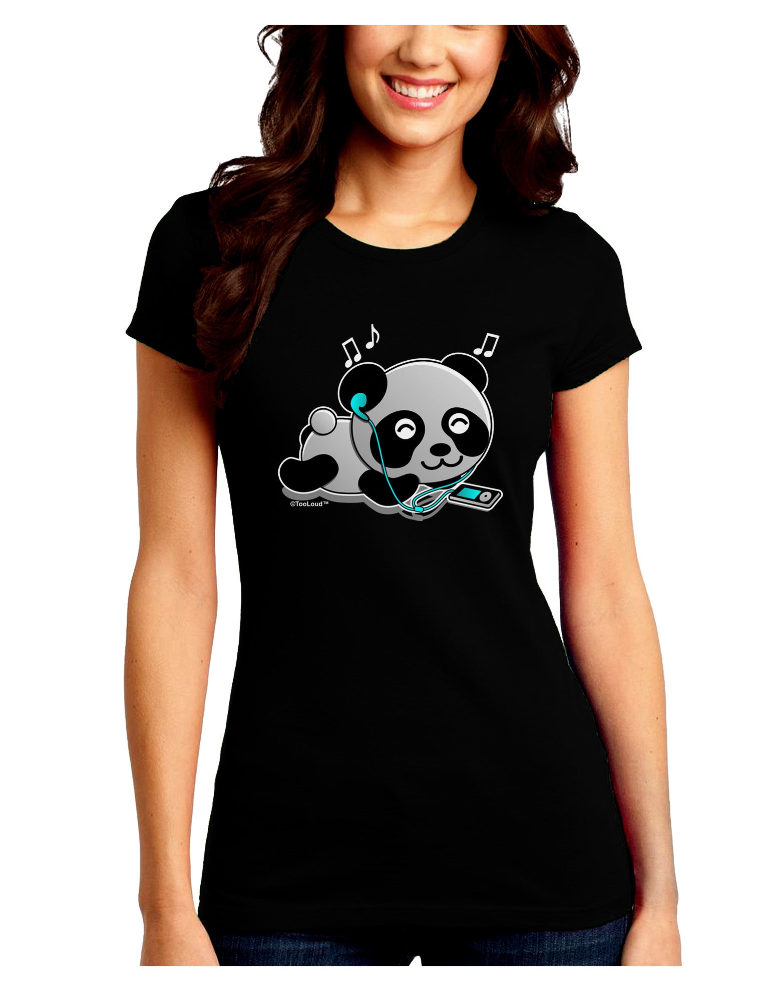 Cute Panda With Ear Buds Juniors Petite Crew Dark T-Shirt-T-Shirts Juniors Tops-TooLoud-Black-Juniors Fitted Small-Davson Sales