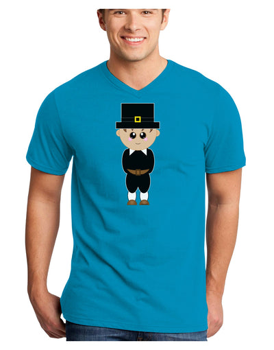 Cute Pilgrim Boy Thanksgiving Adult Dark V-Neck T-Shirt-TooLoud-Turquoise-Small-Davson Sales