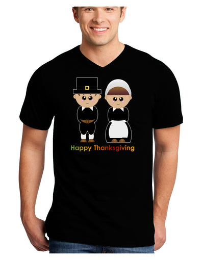 Cute Pilgrim Couple Happy Thanksgiving Adult Dark V-Neck T-Shirt-TooLoud-Black-Small-Davson Sales