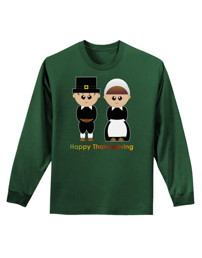 Cute Pilgrim Couple Happy Thanksgiving Adult Long Sleeve Dark T-Shirt-TooLoud-Dark-Green-Small-Davson Sales