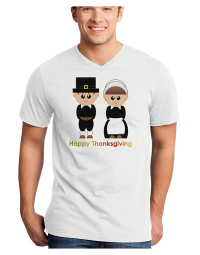 Cute Pilgrim Couple Happy Thanksgiving Adult V-Neck T-shirt-Mens V-Neck T-Shirt-TooLoud-White-Small-Davson Sales