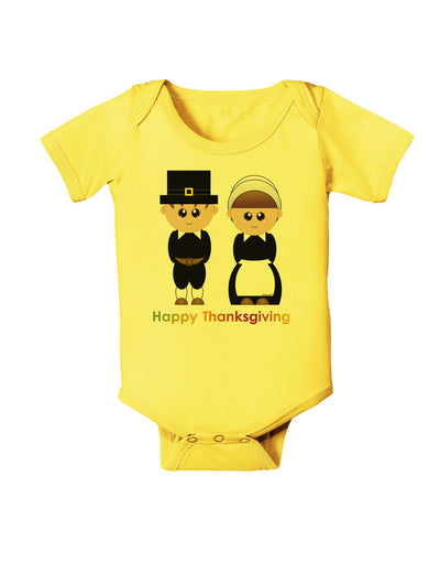 Cute Pilgrim Couple Happy Thanksgiving Baby Romper Bodysuit-Baby Romper-TooLoud-Yellow-06-Months-Davson Sales