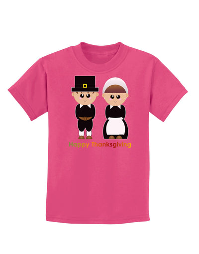 Cute Pilgrim Couple Happy Thanksgiving Childrens Dark T-Shirt-Childrens T-Shirt-TooLoud-Sangria-X-Small-Davson Sales