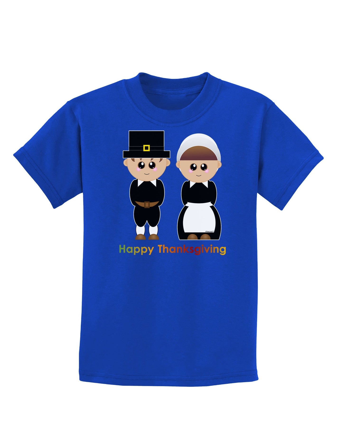 Cute Pilgrim Couple Happy Thanksgiving Childrens Dark T-Shirt-Childrens T-Shirt-TooLoud-Royal-Blue-X-Small-Davson Sales