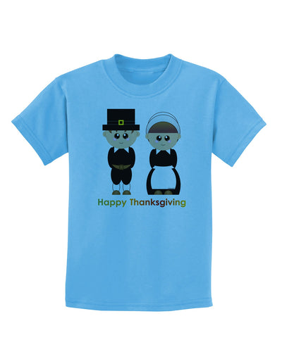 Cute Pilgrim Couple Happy Thanksgiving Childrens T-Shirt-Childrens T-Shirt-TooLoud-Aquatic-Blue-X-Small-Davson Sales