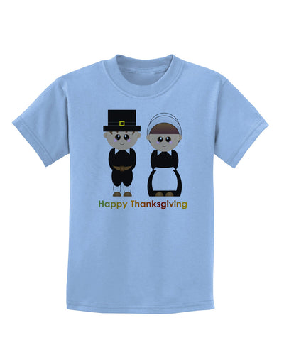 Cute Pilgrim Couple Happy Thanksgiving Childrens T-Shirt-Childrens T-Shirt-TooLoud-Light-Blue-X-Small-Davson Sales