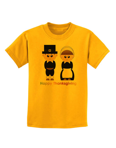 Cute Pilgrim Couple Happy Thanksgiving Childrens T-Shirt-Childrens T-Shirt-TooLoud-Gold-X-Small-Davson Sales