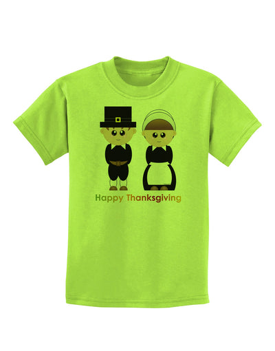 Cute Pilgrim Couple Happy Thanksgiving Childrens T-Shirt-Childrens T-Shirt-TooLoud-Lime-Green-X-Small-Davson Sales