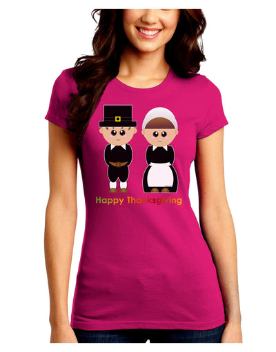 Cute Pilgrim Couple Happy Thanksgiving Juniors Crew Dark T-Shirt-T-Shirts Juniors Tops-TooLoud-Hot-Pink-Juniors Fitted Small-Davson Sales