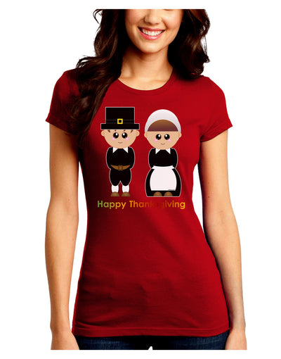 Cute Pilgrim Couple Happy Thanksgiving Juniors Crew Dark T-Shirt-T-Shirts Juniors Tops-TooLoud-Red-Juniors Fitted Small-Davson Sales