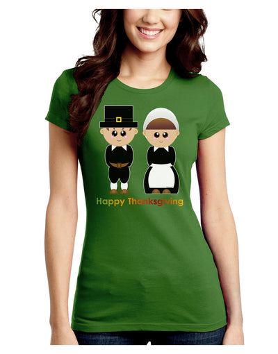 Cute Pilgrim Couple Happy Thanksgiving Juniors Crew Dark T-Shirt-T-Shirts Juniors Tops-TooLoud-Kiwi-Green-Juniors Fitted Small-Davson Sales