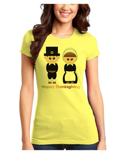 Cute Pilgrim Couple Happy Thanksgiving Juniors T-Shirt-Womens Juniors T-Shirt-TooLoud-Yellow-Juniors Fitted XS-Davson Sales