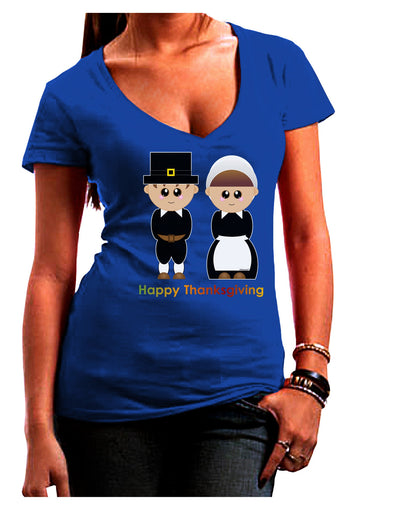 Cute Pilgrim Couple Happy Thanksgiving Juniors V-Neck Dark T-Shirt-Womens V-Neck T-Shirts-TooLoud-Royal-Blue-Small-Davson Sales