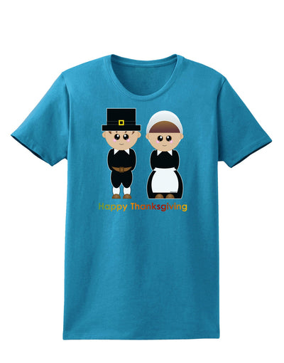 Cute Pilgrim Couple Happy Thanksgiving Womens Dark T-Shirt-TooLoud-Turquoise-X-Small-Davson Sales