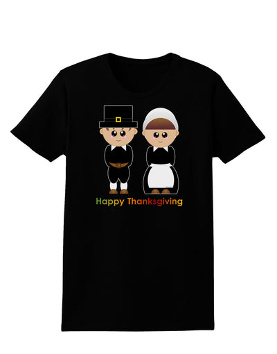 Cute Pilgrim Couple Happy Thanksgiving Womens Dark T-Shirt-TooLoud-Black-X-Small-Davson Sales