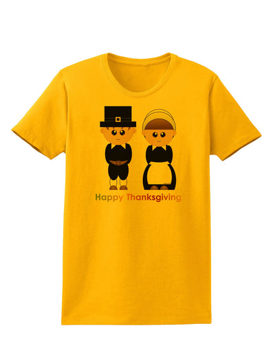 Cute Pilgrim Couple Happy Thanksgiving Womens T-Shirt-Womens T-Shirt-TooLoud-Gold-X-Small-Davson Sales