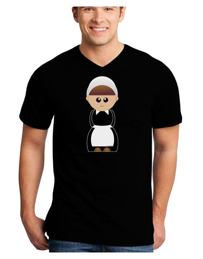 Cute Pilgrim Girl Thanksgiving Adult Dark V-Neck T-Shirt-TooLoud-Black-Small-Davson Sales