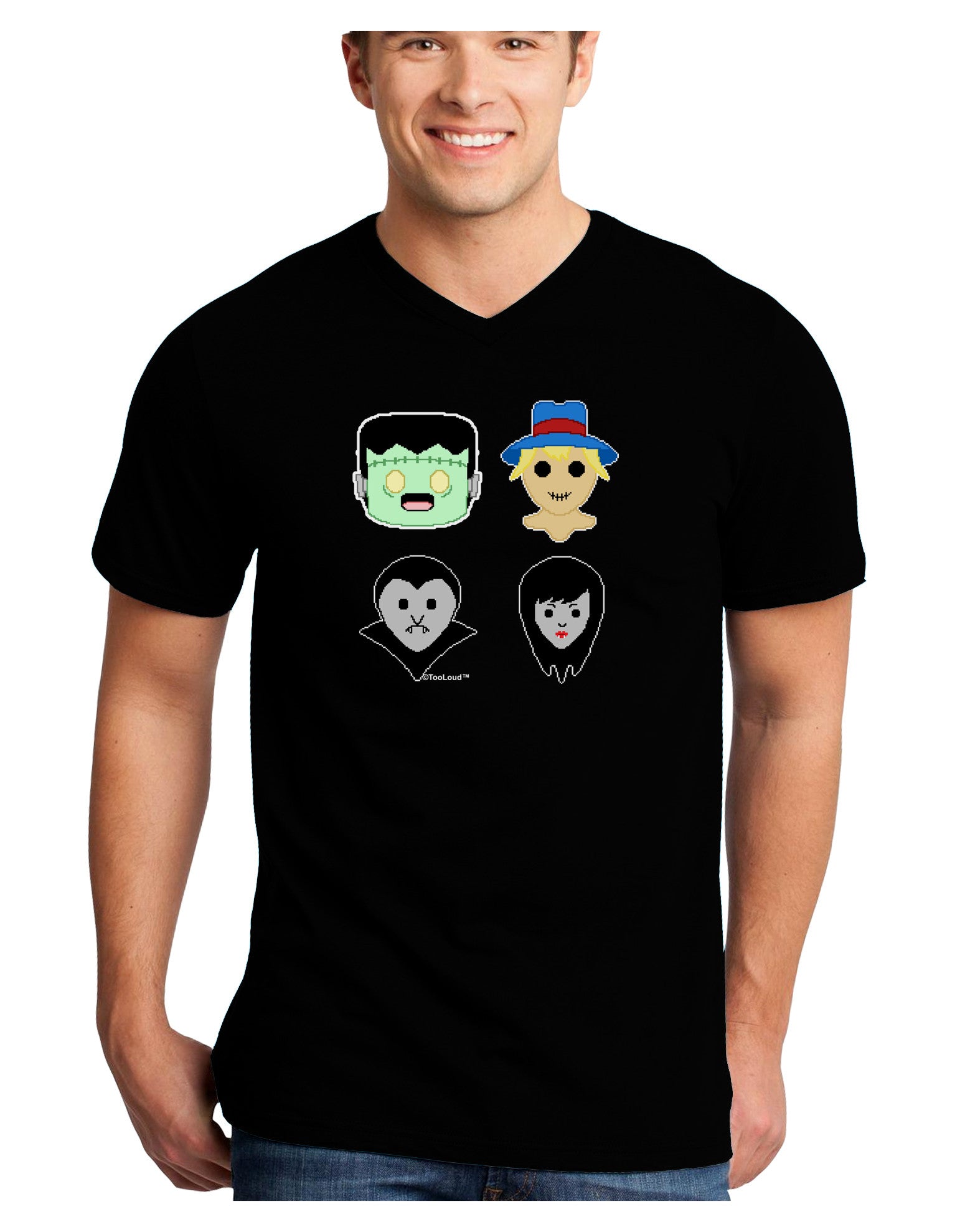 Cute Pixel Monsters Adult Dark V-Neck T-Shirt-TooLoud-Black-Small-Davson Sales