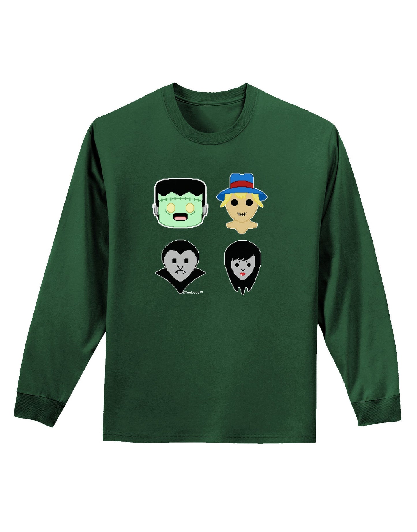 Cute Pixel Monsters Adult Long Sleeve Dark T-Shirt-TooLoud-Dark-Green-Small-Davson Sales
