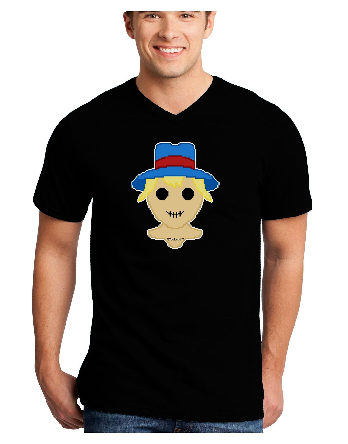 Cute Pixel Scarecrow Adult Dark V-Neck T-Shirt-TooLoud-Black-Small-Davson Sales