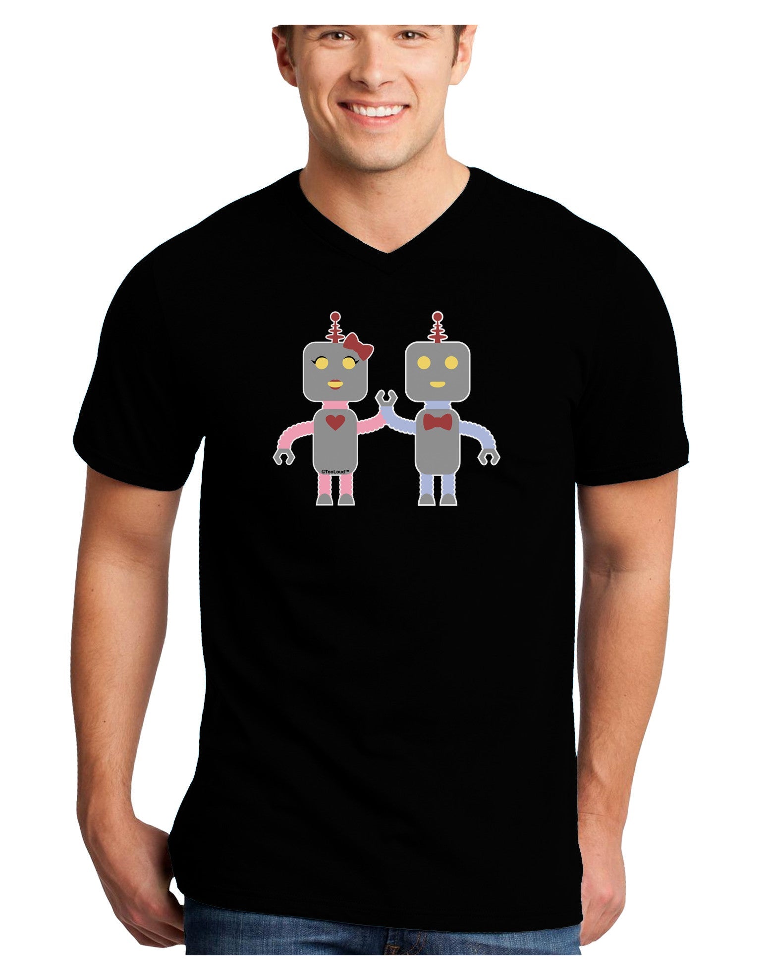 Cute Robot Love Adult Dark V-Neck T-Shirt-TooLoud-Black-Small-Davson Sales