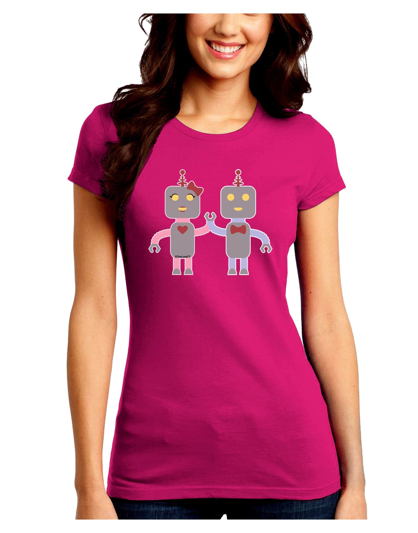 Cute Robot Love Juniors Petite Crew Dark T-Shirt-T-Shirts Juniors Tops-TooLoud-Hot-Pink-Juniors Fitted Small-Davson Sales