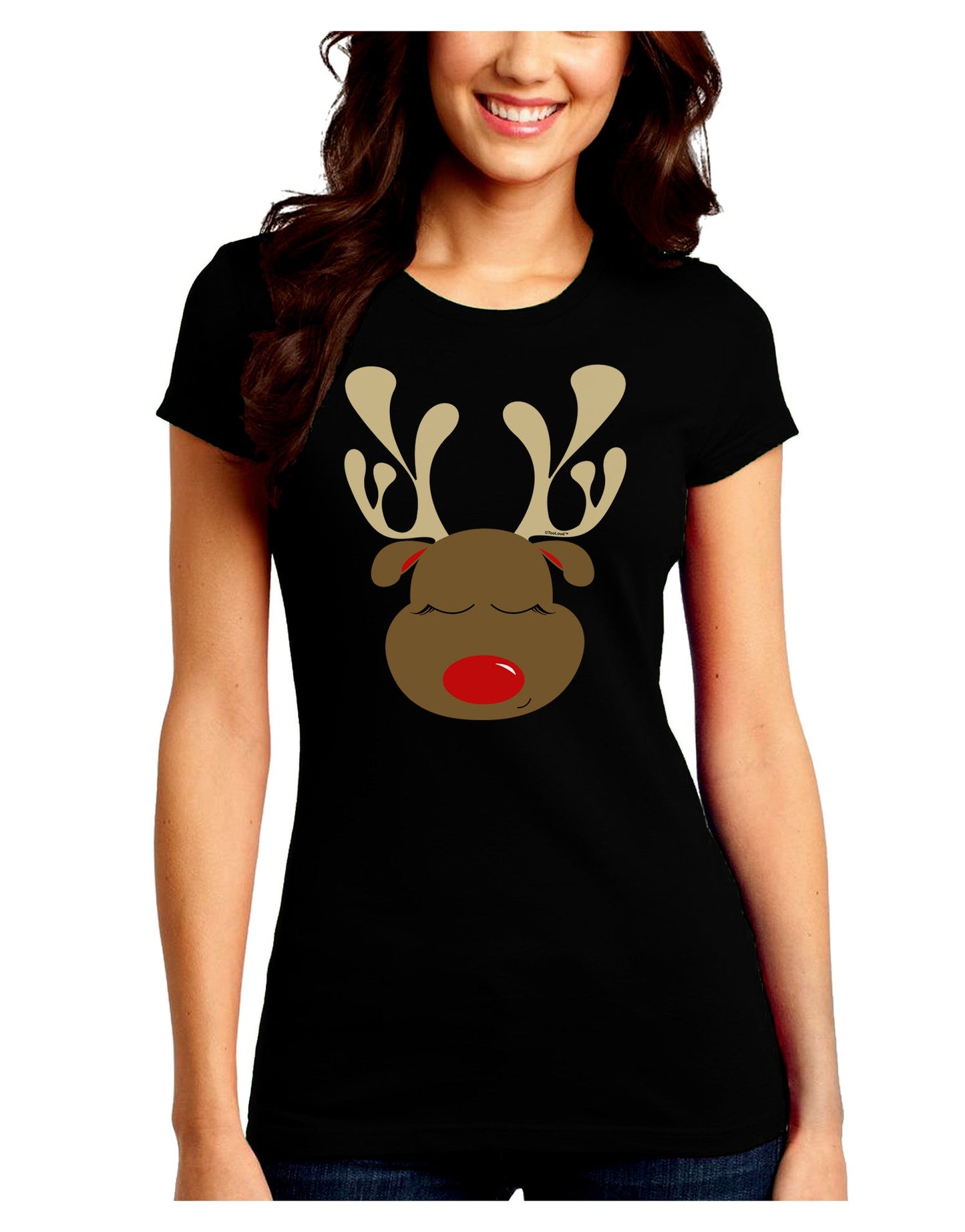 Cute Rudolph Reindeer Face Christmas Juniors Crew Dark T-Shirt-T-Shirts Juniors Tops-TooLoud-Black-Juniors Fitted Small-Davson Sales