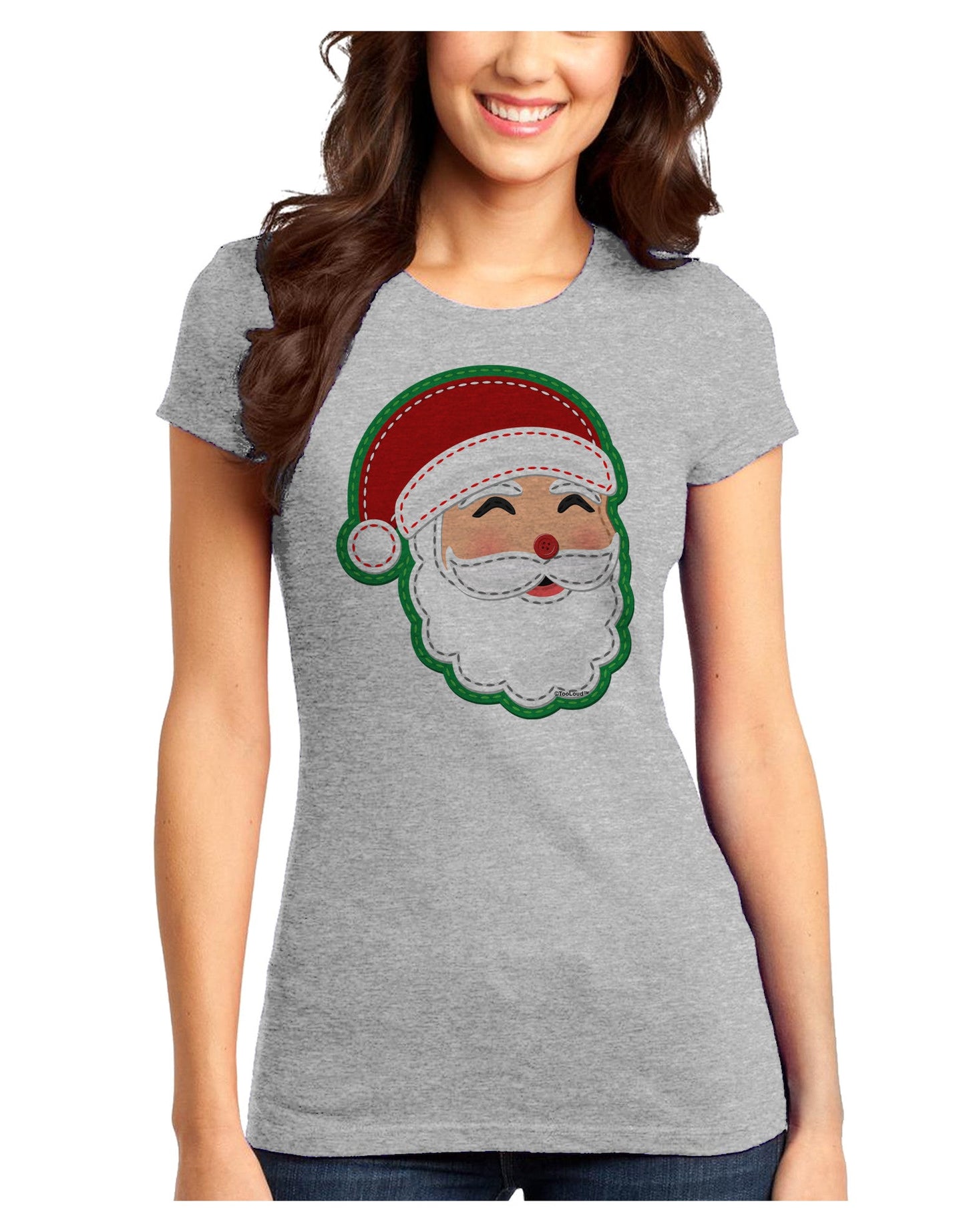 Cute Santa Claus Face Faux Applique Juniors T-Shirt-Womens Juniors T-Shirt-TooLoud-Ash-Gray-Juniors Fitted XS-Davson Sales