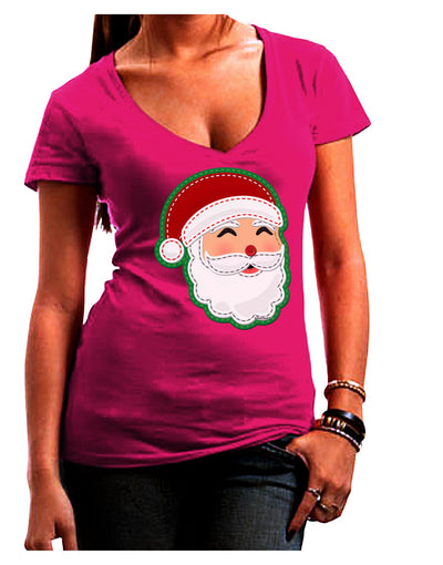 Cute Santa Claus Face Faux Applique Juniors V-Neck Dark T-Shirt-Womens V-Neck T-Shirts-TooLoud-Hot-Pink-Juniors Fitted Small-Davson Sales