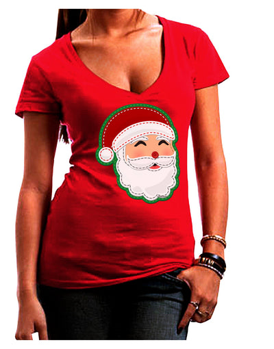 Cute Santa Claus Face Faux Applique Juniors V-Neck Dark T-Shirt-Womens V-Neck T-Shirts-TooLoud-Red-Juniors Fitted Small-Davson Sales