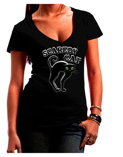 Cute Scaredy Cat Black Cat Halloween Juniors V-Neck Dark T-Shirt-Womens V-Neck T-Shirts-TooLoud-Black-Juniors Fitted Small-Davson Sales