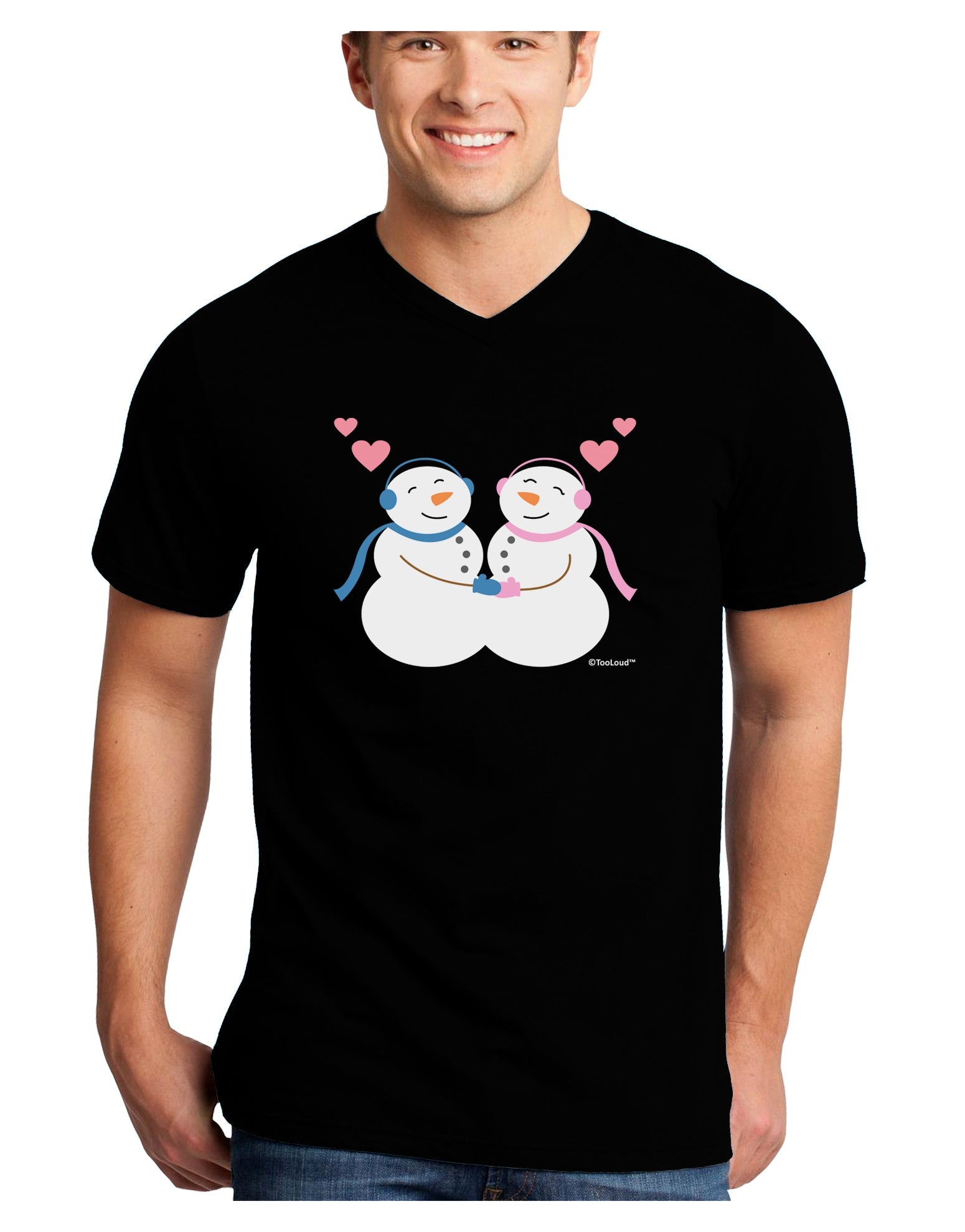 Cute Snowman and Snowwoman Couple Adult Dark V-Neck T-Shirt by TooLoud-Mens V-Neck T-Shirt-TooLoud-Black-Small-Davson Sales