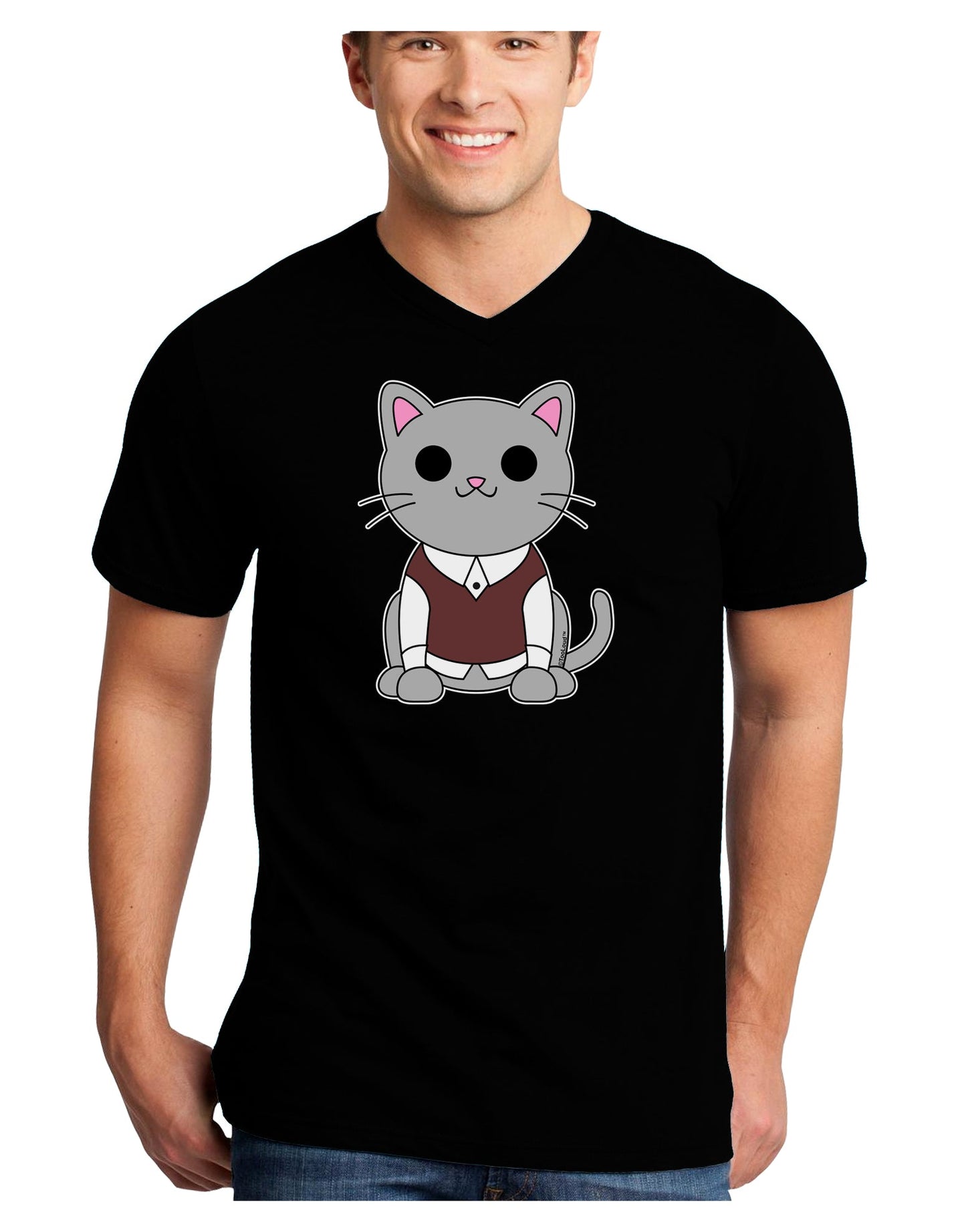 Cute Sweater Vest Cat Design Adult Dark V-Neck T-Shirt by TooLoud-Mens V-Neck T-Shirt-TooLoud-Black-Small-Davson Sales