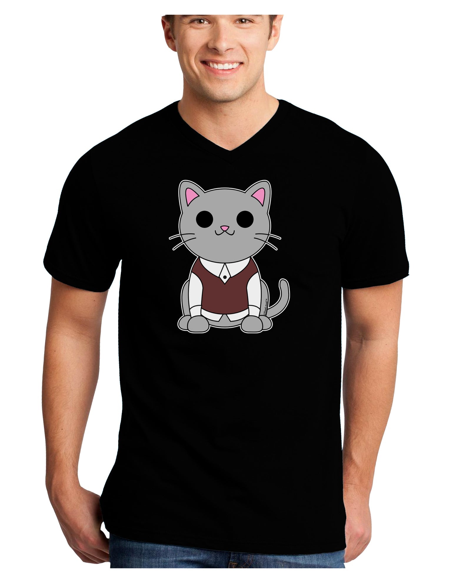 Cute Sweater Vest Cat Design Adult Dark V-Neck T-Shirt by TooLoud-Mens V-Neck T-Shirt-TooLoud-Black-Small-Davson Sales